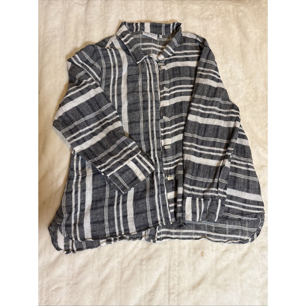 HABITAT Linen Button Down Womens Shirt Top Long Sleeve Black White M